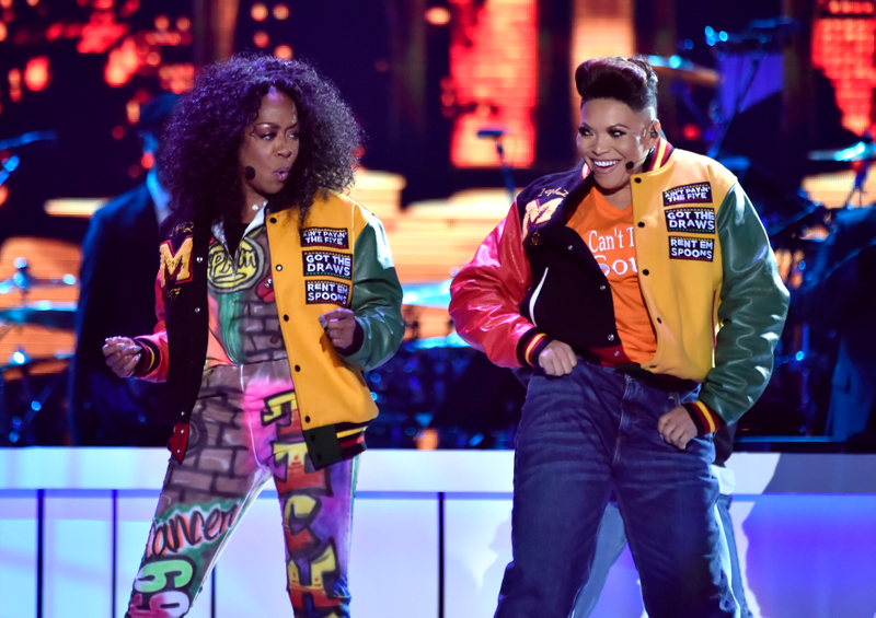 Hosts Tichina Arnold (L) and Tisha Campbell perform onstage during the 2018 Soul Train Awards at the Orleans Arena on November 17, 2018 in Las Vegas, Nevada.